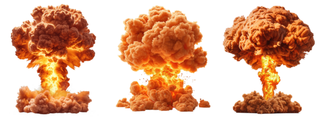 Powerful nuclear explosion with a mushroom cloud rising up, cut out.