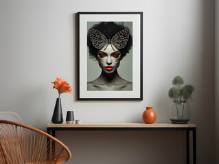 Modern living room with minimalist decor, featuring artwork of a woman with butterfly wings.