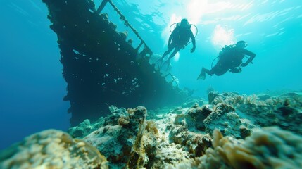 Obraz premium Divers meticulously explore the underwater ruins of a shipwreck, surrounded by coral reefs and marine creatures, encapsulating the beauty and intrigue of oceanic adventures.