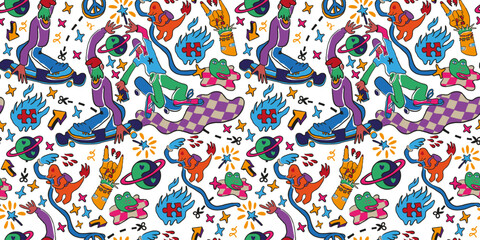 Obraz premium seamless pattern with teens doodle elements in vector.teenage subcultural objects for backdrop print textile fabric poster wallpaper wrapping backgrounds