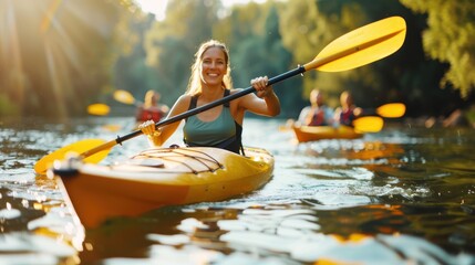 A young woman is seen kayaking on a serene river under a sunny sky, with friends behind, reflecting the joys of outdoor pursuits, adventure, and nature appreciation.