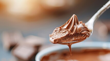 Fototapeta premium A close-up of a spoon dipping into creamy chocolate pudding.