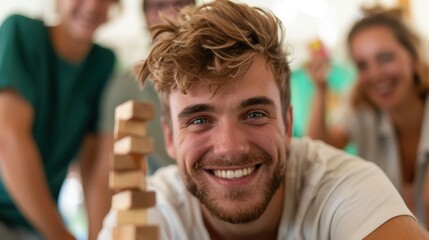 A cheerful young man with tousled hair and a beard is smiling while playing a game of Jenga with friends, focusing on the wooden tower in a lively environment.