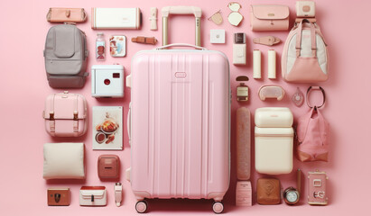 Minimalist Knolling of White Japanese Luggages and Souvenirs on Pink Floor