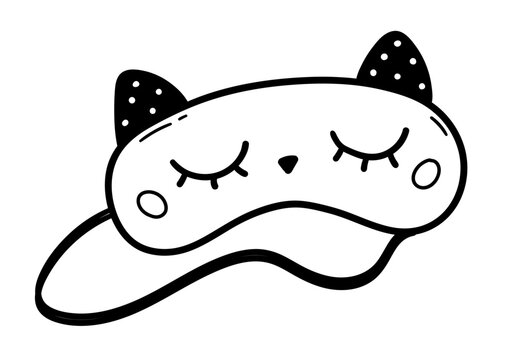 recommend clip art: Vector line art illustration of cute sleeping mask with cat ears and closed eyes