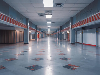 Empty Mall Corridor With Red Trim and Tile Floor