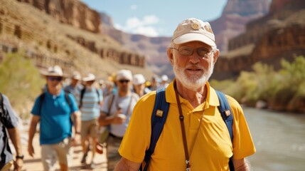A group of tourists adventuring through a river landscape on a sunny day, equipped with backpacks and hats, showcasing exploration, camaraderie, and appreciation of nature.