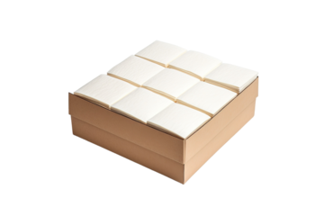 A Cardboard Box Filled With Neat Stacks of Paper, Ready For Use on a White or Clear Surface PNG Transparent Background