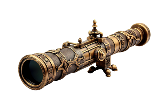 An Ornate Brass Telescope Awaits a Voyage of Discovery on a White or Clear Surface PNG Transparent Background