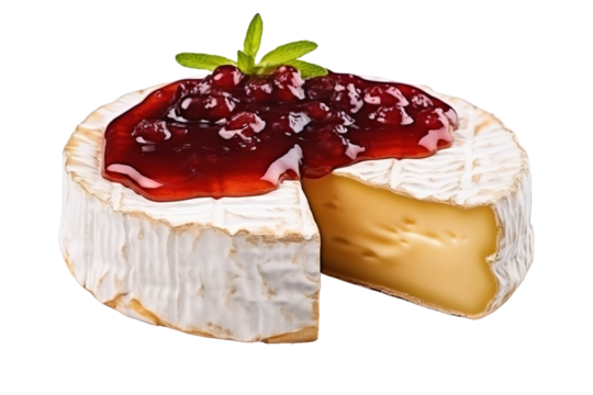 A Wheel of Creamy Brie Topped With Sweet Cranberry Jam on a White or Clear Surface PNG Transparent Background