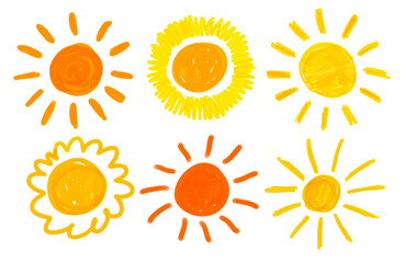 Vector illustration set of childlike drawings of sun with rays