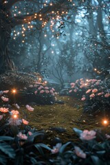 An empty stage in a magical fairy glen, with a carpet of soft moss, flowers glowing in the twilight, and tiny fairy lights fluttering around. 