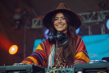 Young woman dressed in a traditional Colombian costume. DJ at the Feria de Flores Festival. Colorful lights and decorations of Colombian day celebration