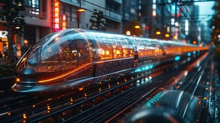 Infographicstyle depiction of England's transport advancements showcasing hyper realistic visuals of electric trains and selfdriving buses on a white background with space for text
