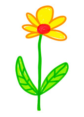 Felt pen hand drawn vector illustration of child drawing of flower with leaves