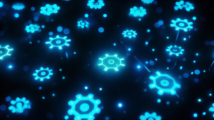 Glowing blue gears on digital grid. Configuration and settings concept with copy space.