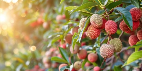 close-up of ripe lychee fruits hanging on tree branches