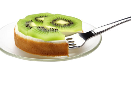 A Forkful of Delight: Creamy Cake Topped With Fresh Kiwi Slices on a White or Clear Surface PNG Transparent Background