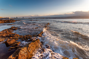 Las canteras beach from Confital bay at sunset . Las Palmas de Gran Canaria. canary islands