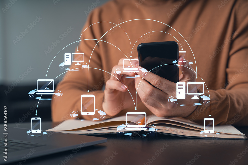 Wall mural mantext read send message, holding using smartphone typing at office workplace with notebook. concep