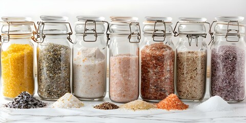Variety of gourmet salt jars for culinary use in stock photo. Concept Gourmet Culinary Salts, Variety of Salt Jars, Kitchen Ingredients, Food Photography