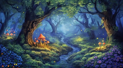 An enchanted forest with twisting trees