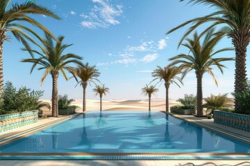 Obraz premium An empty stage in a mystical desert oasis, with palm trees, a sparkling blue pool, and a golden sand floor under a bright, clear sky. 