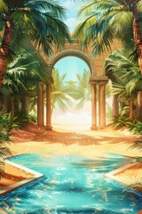Fototapeta premium An empty stage in a mystical desert oasis, with palm trees, a sparkling blue pool, and a golden sand floor under a bright, clear sky. 
