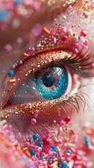 Close-up of a blue eye surrounded by colorful glitter and sprinkles, creating a vibrant and artistic look.
