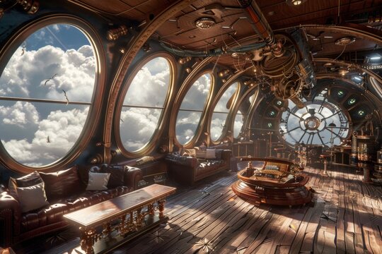 An empty stage in a steampunk airship, with brass and copper machinery, large portholes showing the clouds outside, and leather-bound furniture. 