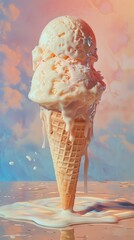 Melting ice cream cone on pastel background capturing the sweet essence of summer, perfect for dessert-themed designs and promotions.