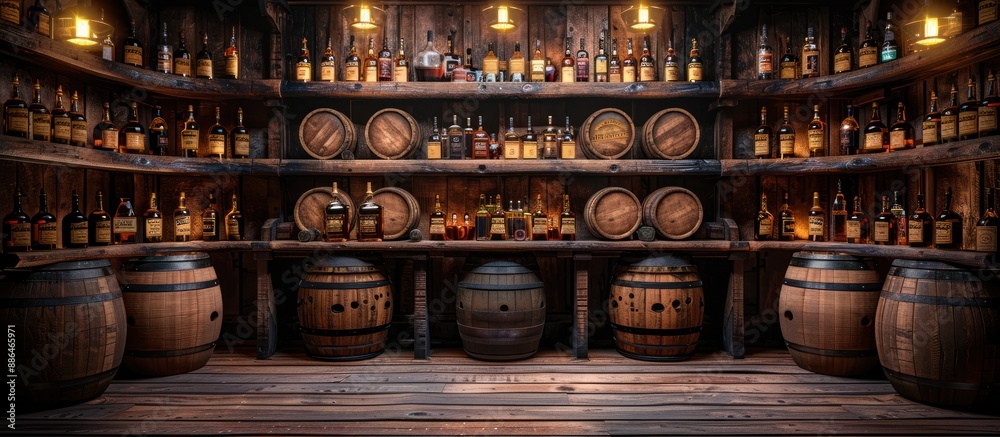 Wall mural Wooden Barrels and Liquor Bottles in a Rustic Cellar