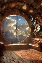 An empty stage in a steampunk airship, with brass and copper machinery, large portholes showing the clouds outside, and leather-bound furniture. 