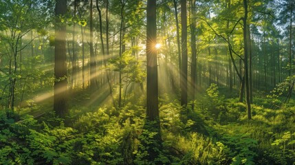 Fototapeta premium Sunlight Rays in a Green Forest