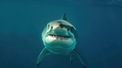 Fototapeta premium A shark in the depths of the ocean. An open dangerous mouth with many teeth. The waves of the blue sea, clear water.