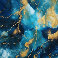 A mesmerizing blend of blue, gold, and white paints forms an eye-catching design with a modern flair, perfect for elevating the ambiance of any living or workspace.