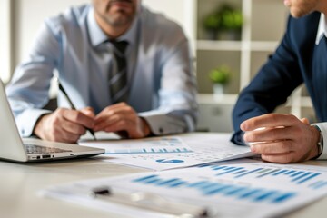 Two business professionals analyzing financial documents and data on a laptop in a modern office setting.