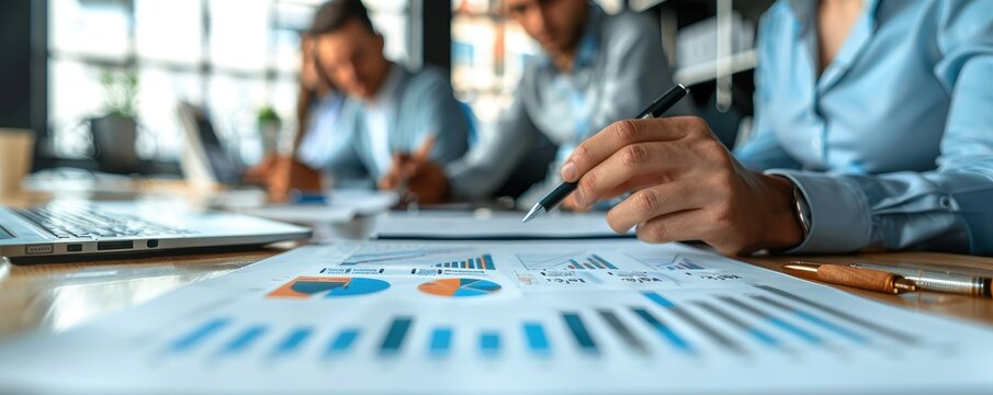 Team working on business reports and financial analytics in a modern office setting, reviewing charts and graphs for strategy planning.