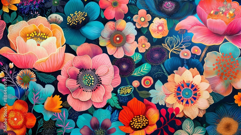 Poster whimsical flowers with intricate patterns and bright, bold colors.
