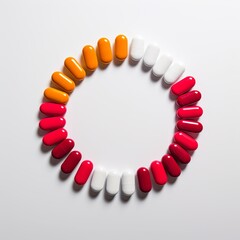 Obraz premium Colorful round pills arranged in a circular pattern on a white background. Various shades including red, white, and orange. Suitable for healthcare and pharmaceutical concepts.