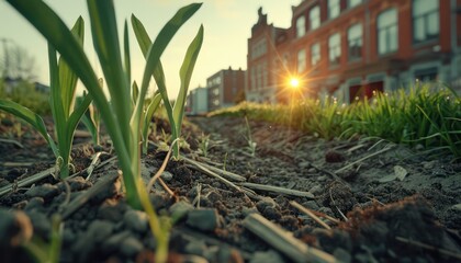Close-Up View of Green Shoots Emerging from the Ground in an Urban Garden Setting, with a Sunlit Building in the Background, A Symbol of Nature's Resilience and the Beauty of Urban Greenery