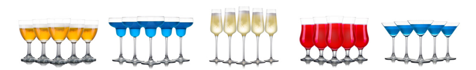 Set of different glasses for drinks and cocktails on white background