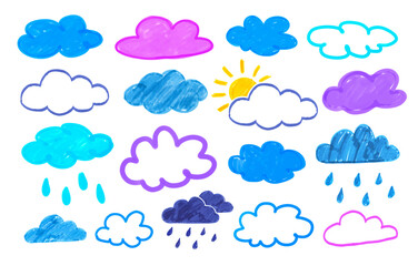 Vector illustration set of childlike drawings of clouds doodles