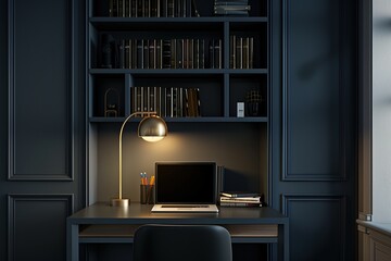 Fototapeta premium modern home office with laptop and bookshelves in the background, golden lamp on desk, grey blue color scheme