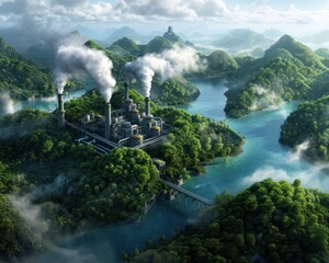 Industrial Complex Surrounded by Lush Green Mountains and Sparkling Blue Lakes, A Stunning Digital Artwork Exploring the Intersection of Nature and Industry