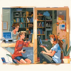 Illustration of Boy Connected in Computer Network within Office Environment