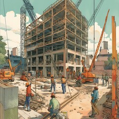 Vibrant Ground-Up View of a Busy Construction Site with Workers