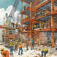 Vibrant Ground-Up View of a Busy Construction Site with Workers
