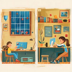 Illustration of Boy Connected in Computer Network within Office Environment