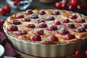 Clafoutis A cherry Clafoutis with a golden, custard-like texture. Served in a rustic baking dish with a dusting of powdered sugar. 
